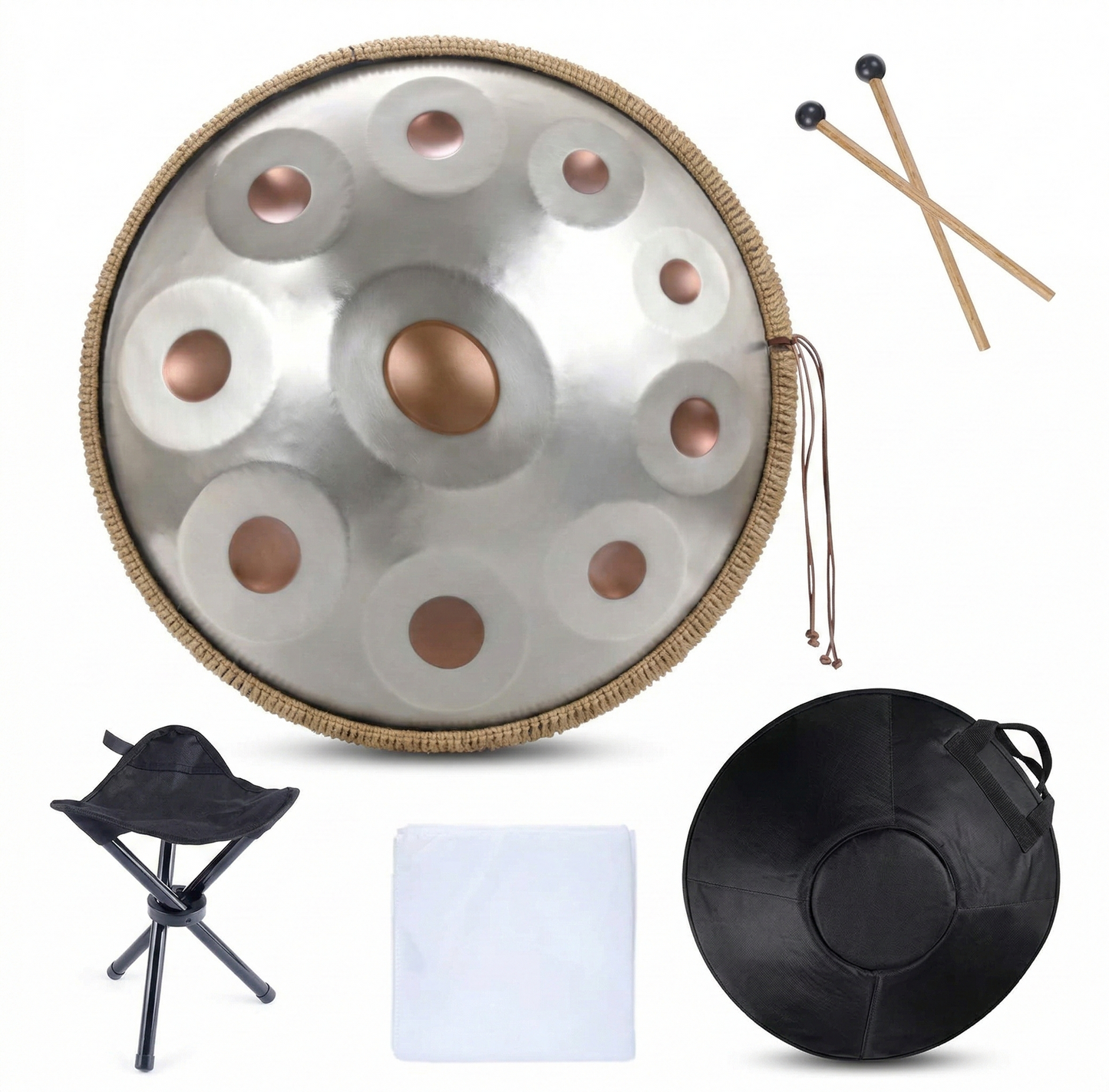 Handpan argenté 22 pouces – Ré mineur – 9 ou 10 notes