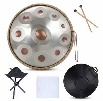 Handpan argenté 22 pouces – Ré mineur – 9 ou 10 notes